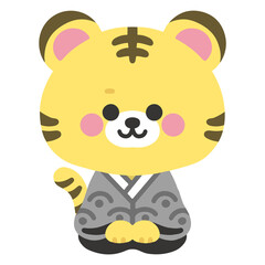 寅年　着物で正座するかわいいトラの男の子　ベクターイラスト　正月