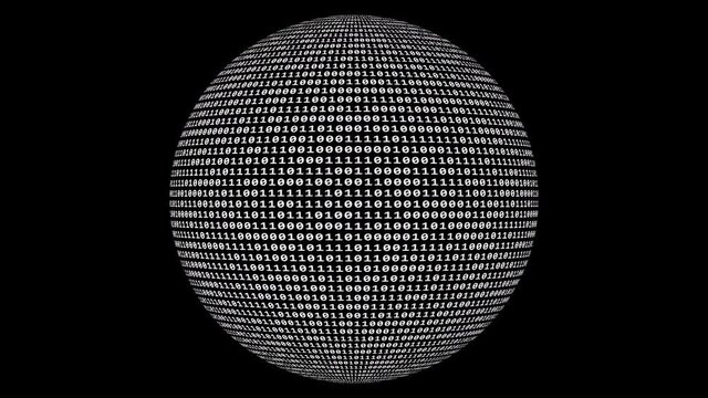 Loopable: Sharp white binary digital code on spherical surface abstract background with randomly changing zeros and ones isolated on black.