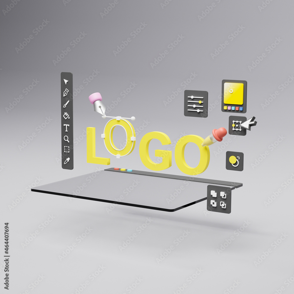 Fototapete Graphic designer creative creator design logo artwork curve pen tool illustration equipment icons digital computer display workspace. Graphic design software. 3d rendering.