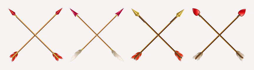 A set of arrows drawn with a cross, gold and red tips with feathers
