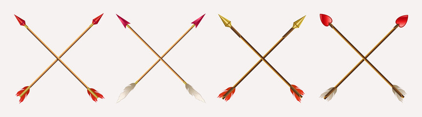 A set of arrows drawn with a cross, gold and red tips with feathers