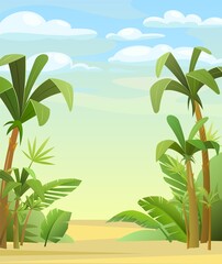 Palm trees in tropical forest. Jungle leaves. Beautiful summer landscape. Vertical composition. Vector.