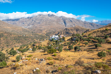 Landscape with olive trees and outlook to the Kedros massif in the south of Crete. In the foreground, the small village Kato Saktouria. On the right side the mighty Mount Psiloritis