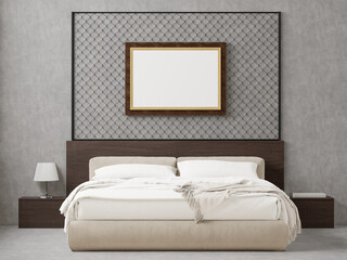 Fototapeta na wymiar 3D Modern interior of bedroom with mockup photo frame