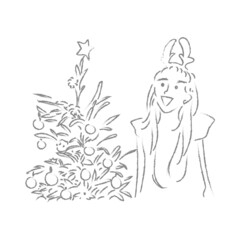 クリスマスツリーを前に笑顔の少女のベクターイラスト