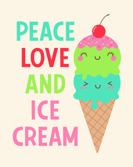 Cute ice cream couple illustration with text “PEACE LOVE AND ICE CREAM” for valentine’s day card design.