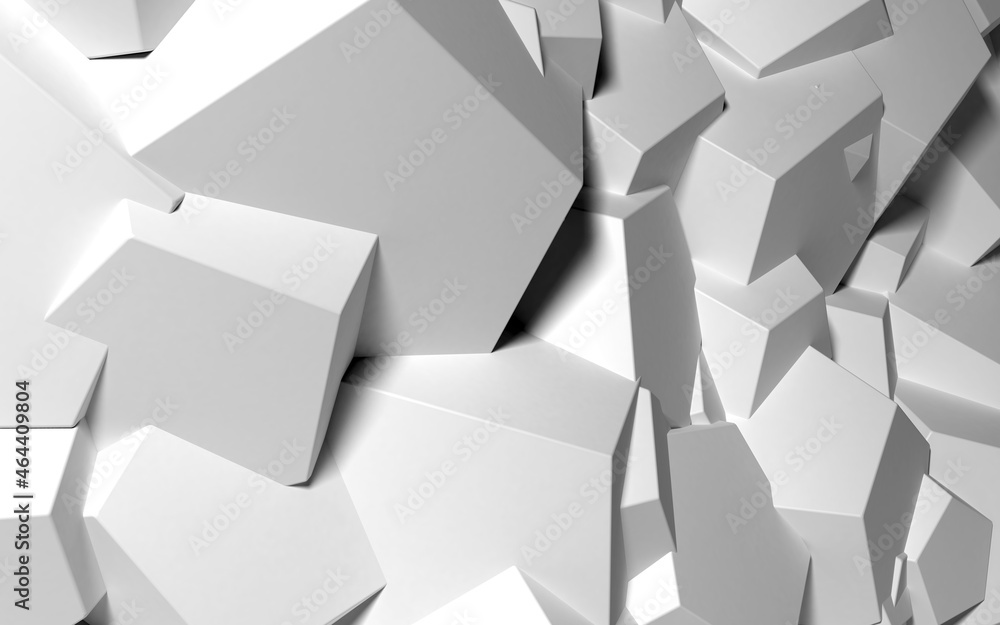 Poster Abstract background with white 3D shapes flying in the light as a messy array or chaotic structure for any pastel backdrop. 3D illustration