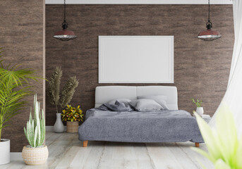 3D Modern interior of bedroom with mockup photo frame