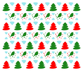 Christmas trees and bullfinches with geometric elements on a white background. Christmas stylized vector pattern.