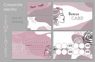 Make up set. Digital Make-up buisenes and bonus card and gift certificate for an educational institution. Line art female face and rose on brown and white, pink and gray backgrounds.