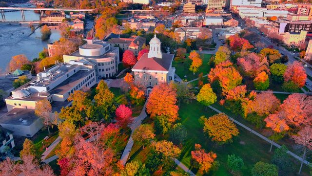 Sunrise flyover of beautiful Autumn colors in Appleton Wisconsin.
