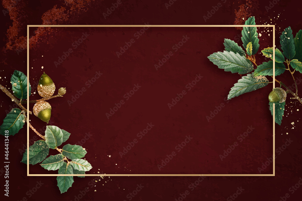 Aufkleber hand drawn oak leaf pattern with rectangle gold frame on red background vector