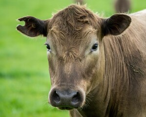 Close up of Stud Beef bulls and cows grazing on grass in a field, in Australia. eating hay and...