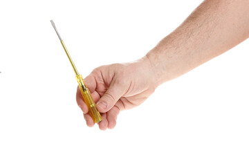 Hand holds a screwdriver on a white background, a template for designers.