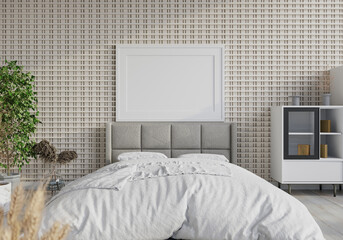 3D Modern interior of bedroom with mockup photo frame