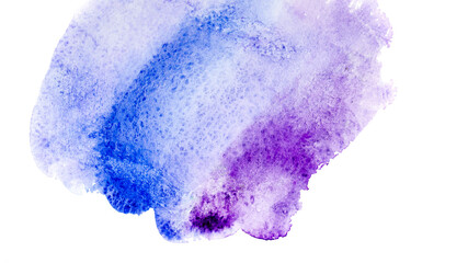 Artistic hand painted smears light blue, blue and purple watercolor background. Texture spots and brush strokes. Bright blue vibrant grunge stain on white backdrop.