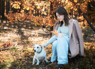 Beautiful Young Girl With Her Dog In The Forest