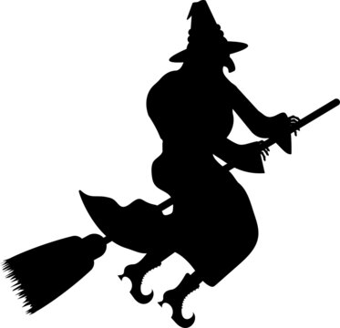 Black silhouette of a witch on a broomstick. Halloween night