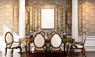 Obraz na płótnie Canvas 3D Mockup photo frame in Modern interior of dining room