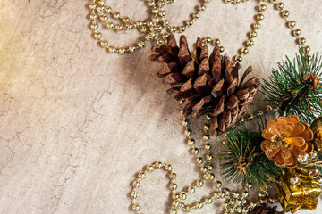 Happy New Year. Holiday Decoration or postcard concept with flat lay copy space