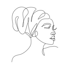 Woman Head in Turban Line Art Drawing. Abstract Female Head One Line Drawing for Wall Art, Fashion Prints, Posters. Art Sketch Print, Black And White Single Line Art, Feminine Poster. Vector EPS 10