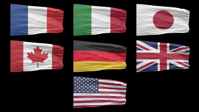 G7 (Group of Seven) countries national flags waving seamless looped with luma matte on a black background, slow motion.