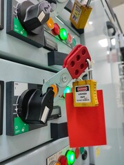 Lockout Tagout , Electrical safety system.Key lock switch or circuit breaker for safety protect.in electric room - 464419639