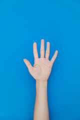 hand showing number five In front of the blue background