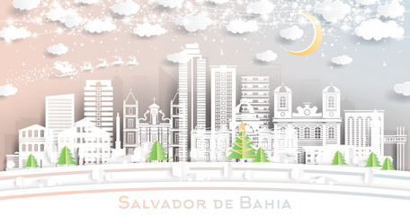 Salvador de Bahia Brazil City Skyline in Paper Cut Style with Snowflakes, Moon and Neon Garland.