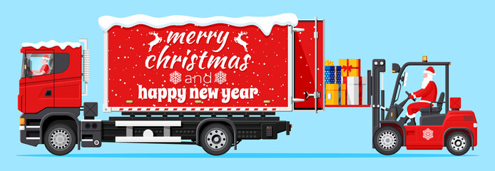 Santa Claus in Forklift with Gift Boxes and Truck © absent84