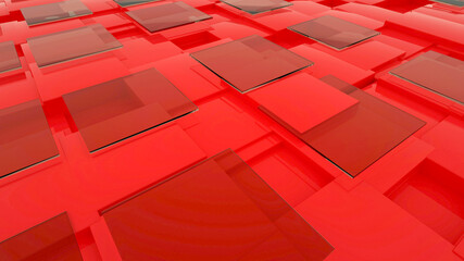 3D illustration of transparent glass rectangles on a red isolated background. Abstract glass panels are lying. 3D graphics