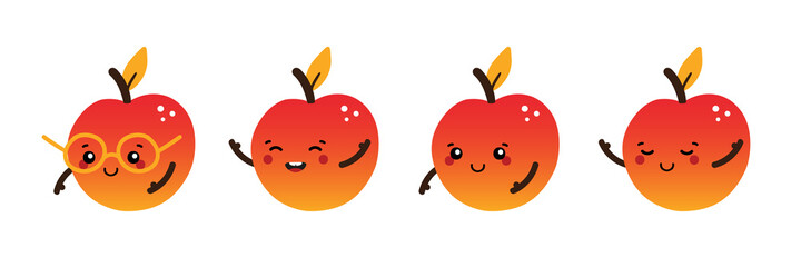 Set, collection of cute cartoon style orange red apple characters for autumn, fall harvest, food design.
