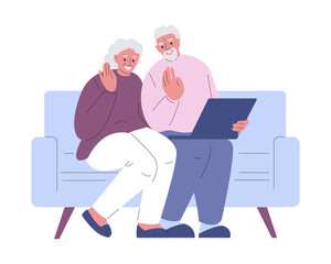 Elderly couple communicates greets with laptop. Vector illustration in flat style.
