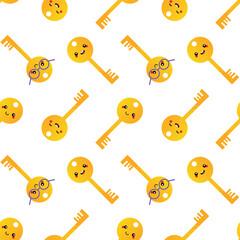 Сute and smiling cartoon style golden key characters vector seamless pattern background.
