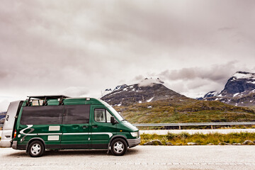 Camper van in mountains on roadside, Norway