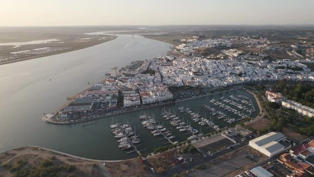 Aerial panorama view over Ayamonte town riverside and Marina, Huelva - Spain
