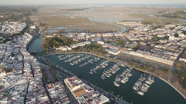 Aerial Ayamonte village descend to Sailing boats on Beautiful Marina - Huelva
