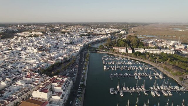 Ayamonte village and harbor, Andalusia in Spain. Aerial panoramic view