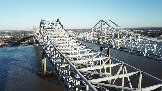 Aerial View Of Twin Bridge Of Crescent City Connection And The City Landscape Of Louisiana In USA.