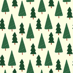 Christmas, New Year seamless pattern in Scandinavian style. Trees, forest repeat print. Winter holidays ornament on ivory background.