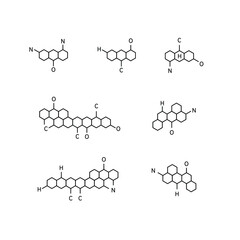 Hexagonal cells with letters. Vector set, linear design, dark outline isolated on white background. Concept: molecular diagram, chemical structure, science.