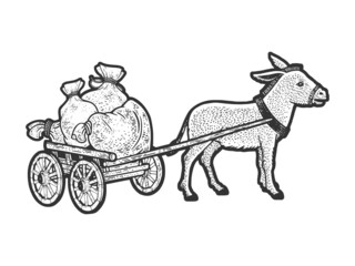 donkey with cart sketch raster illustration
