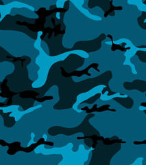 
Blue military camouflage pattern, black spots, trendy street design, clothing print. EPS