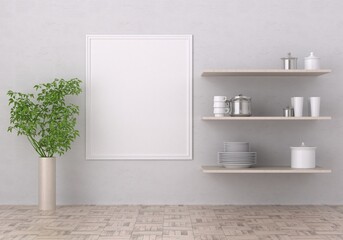 3D Mockup photo frame in Modern interior of kitchen