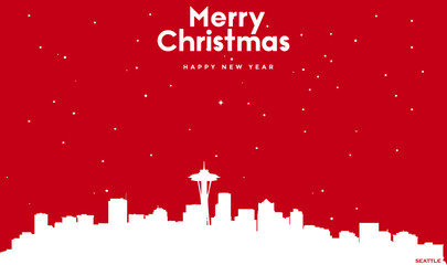 Christmas and new year red greeting card with white cityscape of Seattle