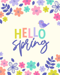 Hello spring typography design with colorful floral frame vector illustration for greeting card.
