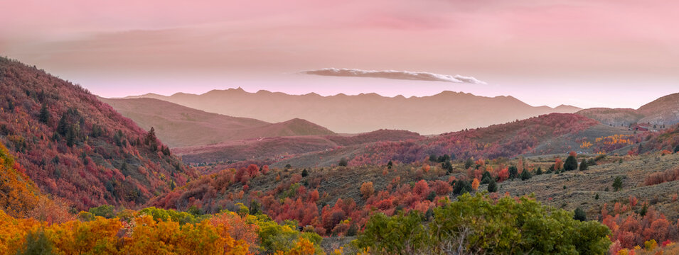 Panoramic view of scenic mountain landscape at Cache national forest in Utah under evening light