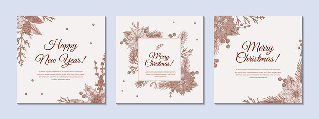 Set of hand drawn Merry Christmas and Happy New Year greeting cards. Vintage vector illustration
