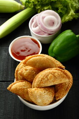 Delicious homemade vegetable curry puff. Asian street foods.
