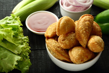 Indian street foods- vegetable samosa, curry puffs.
